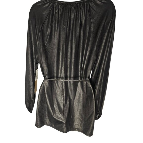 Halogen Black Faux Leather Lightweight Long Sleeve Top With Waist Tie Sz S COS M - Picture 4 of 7